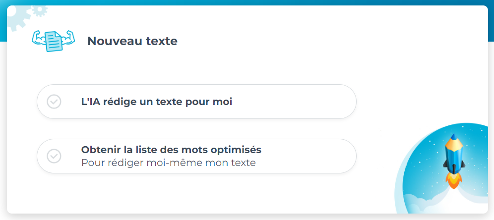 capture de 1.fr montrant le choix de rédaction de texte ou génération de mot clés