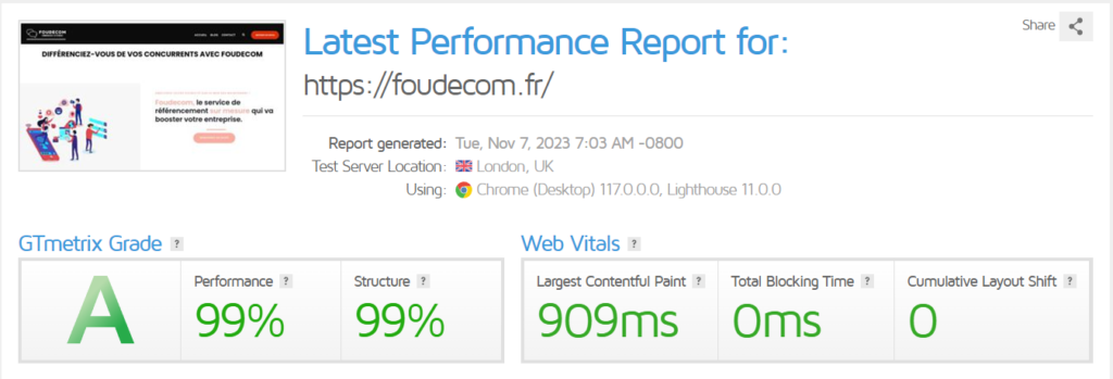 capture des performances de Foudecom sur GTmetrix
